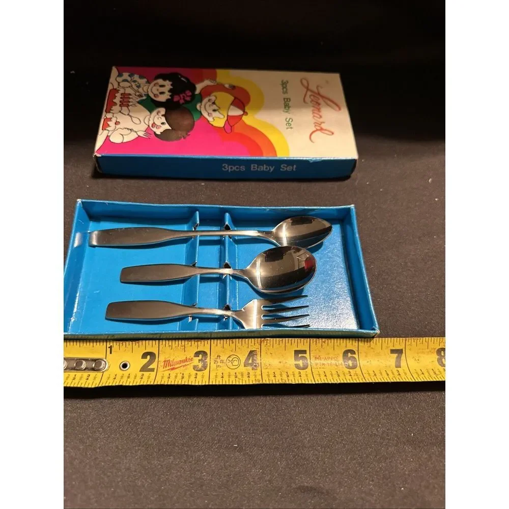 Vintage Leonard Silver Co.‎ Stainless 3 Piece Baby Flatware Set Mint in Box NIB